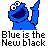 Pixelated blue Sesame Street character with white eyes and open mouth pointing upward, next to red text 'Instant Icons' and black text 'Blue is the New black' on gray background.