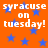Orange background with blue stars and repeated white text 'syracuse on tuesday!' in pixelated font.