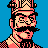 Pixel art portrait of a character with mustache and hat against solid blue background, rendered in 48x48 pixel grid with limited color palette.