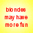 Yellow and pink pixelated text with red lettering reading "blondes may have more fun" on yellow, "but......" on pink, and partial blue background text