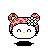Pixelated cartoon character with white face, pink patterned ears, and black outline on gray background.