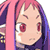 Pixelated anime-style character face with pink and purple hair, red eyes, and a neutral expression on a white background.