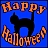 A static pixel art icon with a blue background, featuring a black cat silhouette and orange text reading "Happy Halloween" in a curved layout.