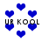 Blue pixelated hearts and black text 'UR KOOL' repeated on a white background with varying heart sizes.