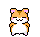 Pixel art hamster with orange-brown and white fur, pink inner ears, closed eyes, holding red-and-white circular objects in various poses.