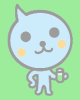 Light blue cartoon cat with gray outline, yellow cheeks, holding a green-and-white cup against light green background.