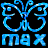 Pixelated blue icon with abstract butterfly-like shape above stylized text on black background