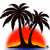 Two palm trees stand against a sunset backdrop with red and orange gradients, blue water below, and black silhouettes.