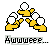 Pixelated yellow hands form a triangular shape holding white spheres, with text below reading 'Awweee... FREAK OUTFREAK OUT' in a