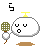 Pixelated character with white rounded body, yellow top, and green checkered prop holding brown ground beneath.