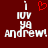 Red background with white pixelated text 'I IUV YA Andrew!' and a red heart symbol above the left side of the text.