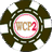 Circular dark green poker chip with white dots, featuring a central pink-ringed white circle containing brown 'RCP' text and a red '2' symbol.