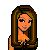 Pixel art of a woman in red dress and black top with multiple facial expressions, pink text overlays on white background.