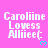 A static image with a bright pink background displays repeated text "Caroliine Lovess Allieec:" in white pixelated font, each instance accompanied by a small cyan heart symbol below.