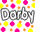 Pixelated text 'Dorby' in black outline over white background with scattered pink, yellow, and orange star-like shapes.