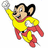 Pixelated cartoon mouse in yellow and red superhero costume flying with raised right arm, smiling expression across three