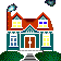 Pixelated house with red roof, teal walls, brown door, and yellow windows; smokestack emits blue smoke in four variations.