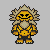 Pixel art character with spiky beige hair and yellow body in multiple poses showing facial expressions and arm positions.