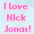 A static image with pink text reading "I Love Nick Jonas!" on a light blue background, alongside two identical pixelated images of a person with curly brown hair wearing a gray shirt.