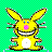 Pixelated yellow bunny with long ears, pink nose, blue eyes, and wide grin showing teeth against green checkered background.