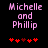 Pixelated text 'Michelle and Phillip' in pink above red heart symbols on black background, with one heart changing color between frames.