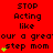 Red background with repeated text 'STOP Acting like our a great step mom' and yellow star-like symbols, some of which change position across frames.