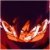 A static pixelated image shows a stylized orange and white figure with glowing effects against dark red background.