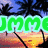 Pixelated image with green text 'IMM' over a sunset beach scene with palm trees and a black fence, transitioning to pink text 'LOVE' with colorful hearts on white background.