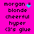 A bright pink background displays a of text and pixelated icons with cyan animation effects. The text includes 'morgan', 'blonde', 'cheerful', 'hyper', and '(3's glue' in black, while the cyan elements shift between heart and dot patterns