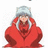Pixelated character in red robe with white hair and gray headpiece, set against split background of white, red, and gray sections containing text.
