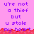 Pixelated text on pink background with red wave-like border, repeating 'u're not a thief but u stole my heart' in purple letters.