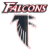 Pixelated graphic shows 'Falcons' text above a black bird silhouette on white background, with green 'Original Icons .com' text on dark green