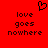Red background with black pixelated text reading 'love goes nowhere' and a pixelated heart symbol above the text.