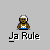 Pixel art avatar of a person with light skin, white hair, and blue shirt under brown jacket; text below reads 'Ja Rule' in black-and-white pixelated font.