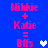 Blue background with pink text reading "Nikkie + Katie = Bffs" and a white heart icon, transitioning to a light blue heart.