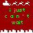 Red background with white pixelated Santa sleigh and reindeer icons above green text reading 'i just can't wait' in two , repeated across four