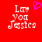 Red background with white pixelated text 'Luv You Jessica' and a purple heart symbol above the left side of the text.