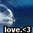 Pixelated image of a white swan on blue water with text 'love.<3' at the bottom.