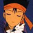 Pixelated anime-style character with closed eyes, orange hair in a braid, wearing a white top with dark collar against dark blue background.