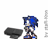 Pixelated blue hedgehog character in multiple poses holding a dark gray rectangular object, with text 'by staR-kron' visible on the right side of each frame.
