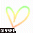 Rainbow gradient heart shapes in various configurations with 'GISSEL' text blocks on white and gray backgrounds.