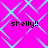 Bright pink background with light blue diamond-shaped pattern and four instances of black text reading "#shelly!!" in pixelated font