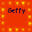 Red background with yellow star-like patterns and four instances of the text 'Geffy' in dark blue pixelated font.