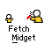 Animated pixel art sequence showing a yellow figure with white head holding red objects that transform into flames, set against gray background with "Fetch Midget" text below each frame.