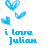 Blue pixelated heart shapes float above blue text reading 'i love Julian' on a white background.