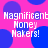 Pixelated text "Magnificent Money Makers!" repeated across a pink background with blue circular shapes.