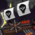 Two white flags with black skull symbols on dark background, yellow flagpole visible left side.