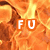 Animated fire background with text changing from 'FU' to 'Fired Up', orange and yellow flames, red-outlined white letters.