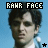 Two side-by-side pixelated images of a person with dark hair against a light blue background, each topped with 'RAWR FACE' text in blocky white letters on black rectangles.
