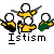 Pixelated animation of four yellow-shirted figures with white circular heads, green and black props, performing synchronized movements against a gray background.